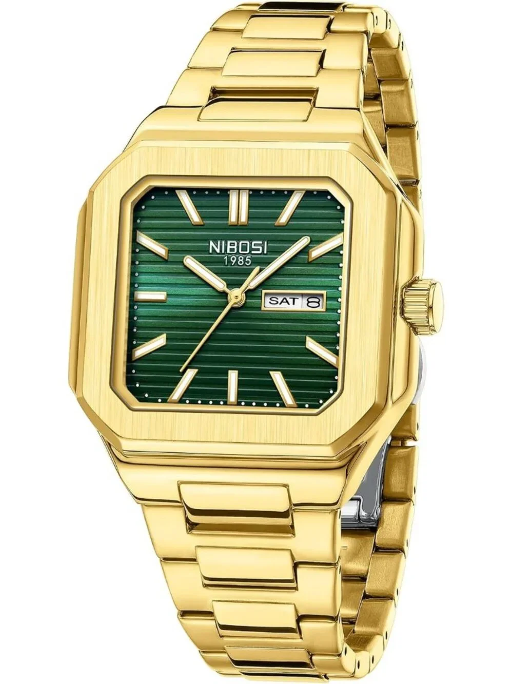 Men's Gold Green Square Analog Quartz Stainless Steel Waterproof Wrist Watch